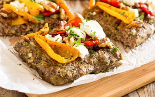 Caramelized Onions and Roasted Bell Peppers Meatza