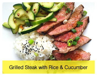 grilled steak with rice and cucumber