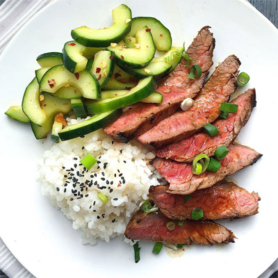 Grilled Steak with Sticky Rice & Spicy Cucumber Salad